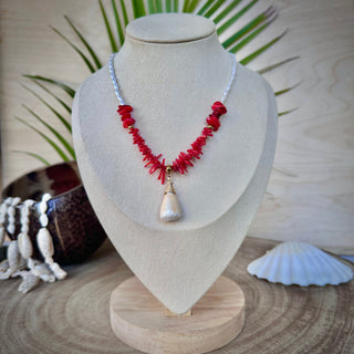 Collier acier inoxydable corail rouge/ coquillage - Dépôt vente