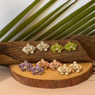 Boucles d'oreilles orchidée "Saïna" - Acier inoxydable et émail