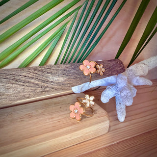 Bague ajustable - Fleur tropicale "Gabrielle" - Acier inoxydable et émail